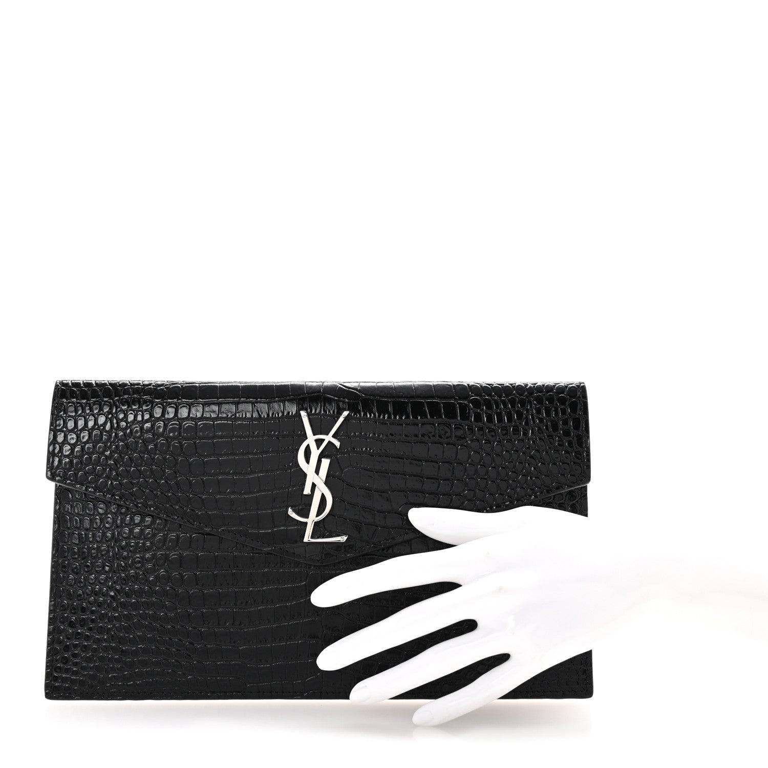 Saint Laurent Calfskin Crocodile Embossed Uptown Monogram Clutch Black 2 of 6