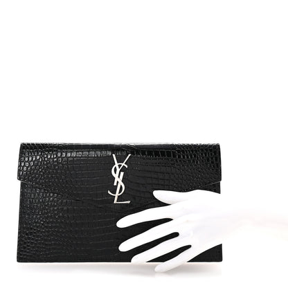 Saint Laurent Calfskin Crocodile Embossed Uptown Monogram Clutch Black 2 of 6