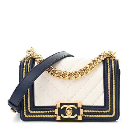 Chanel Calfskin Chevron Quilted Braided Small Boy Flap White Navy 1 of 11