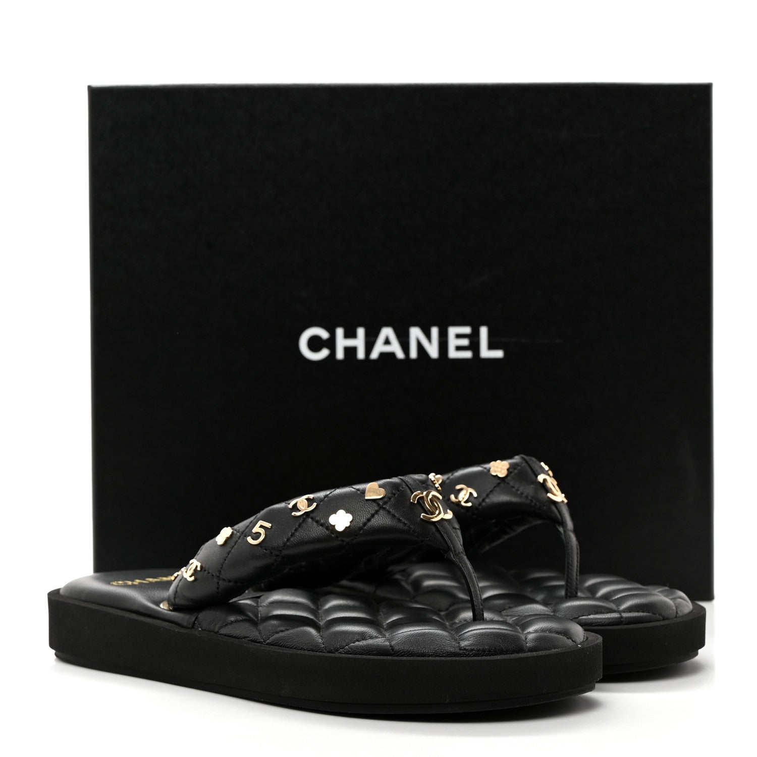 Chanel Lambskin Quilted Padded Charms Thong Sandals 37.5 Black 8 of 8
