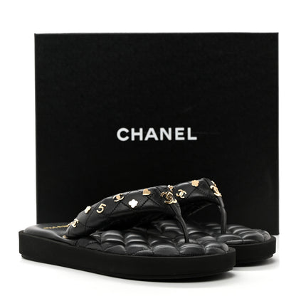 Chanel Lambskin Quilted Padded Charms Thong Sandals 37.5 Black 8 of 8