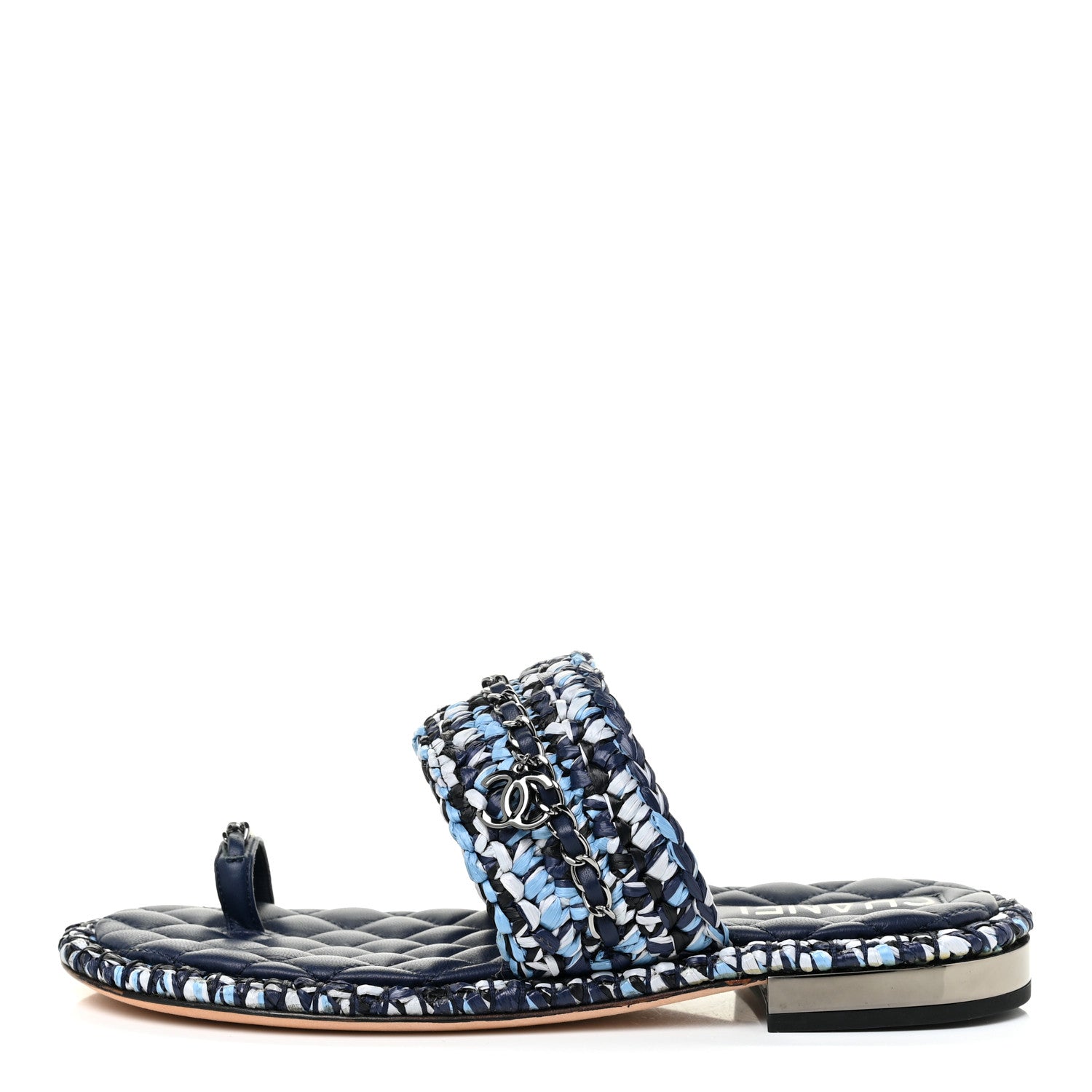 Chanel Raffia Lambskin Woven Chain CC Toe Ring Sandals 38.5 Blue White Navy 1 of 12
