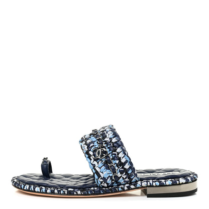Chanel Raffia Lambskin Woven Chain CC Toe Ring Sandals 38.5 Blue White Navy 1 of 12