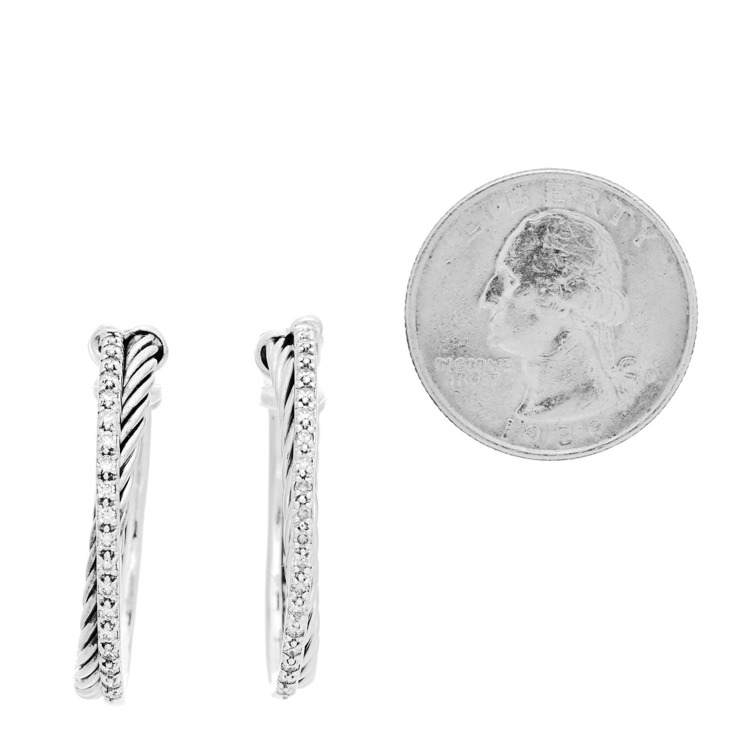 David Yurman Sterling Silver 14K White Gold Diamond Medium Crossover Hoop Earrings 2 of 3