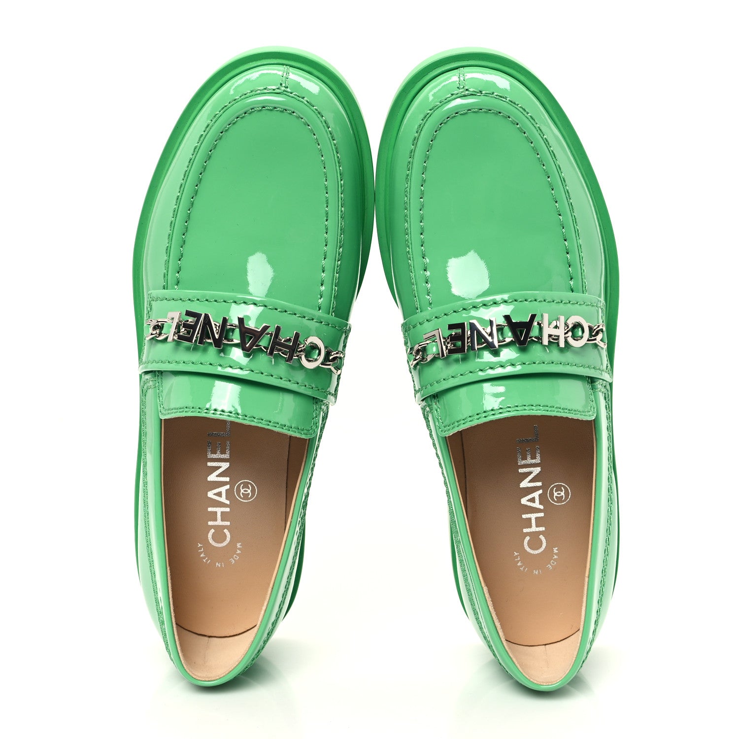 Chanel Patent Calfskin Logo Loafers 37 Green 2 of 10