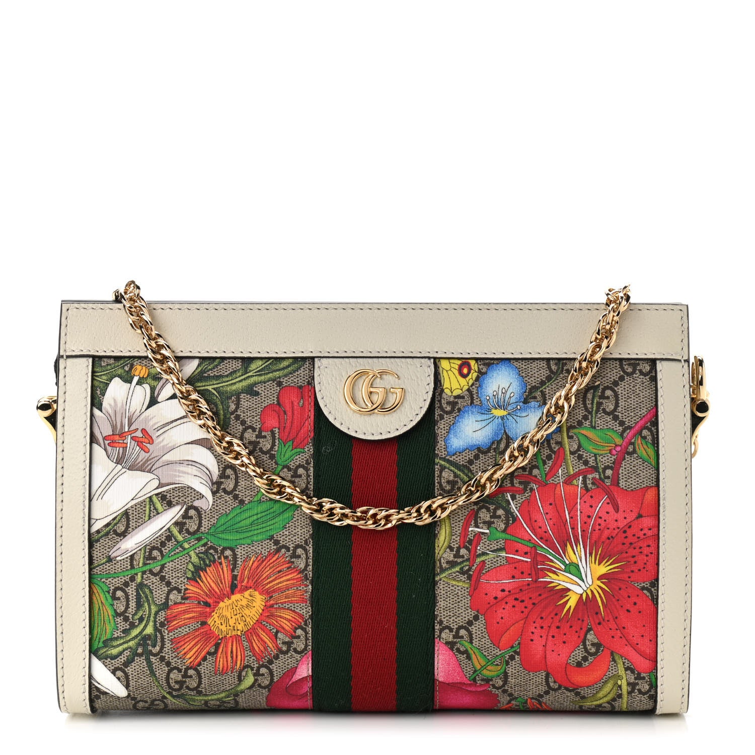 Gucci GG Supreme Monogram Flora Web Small Ophidia Chain Shoulder Bag White 1 of 12