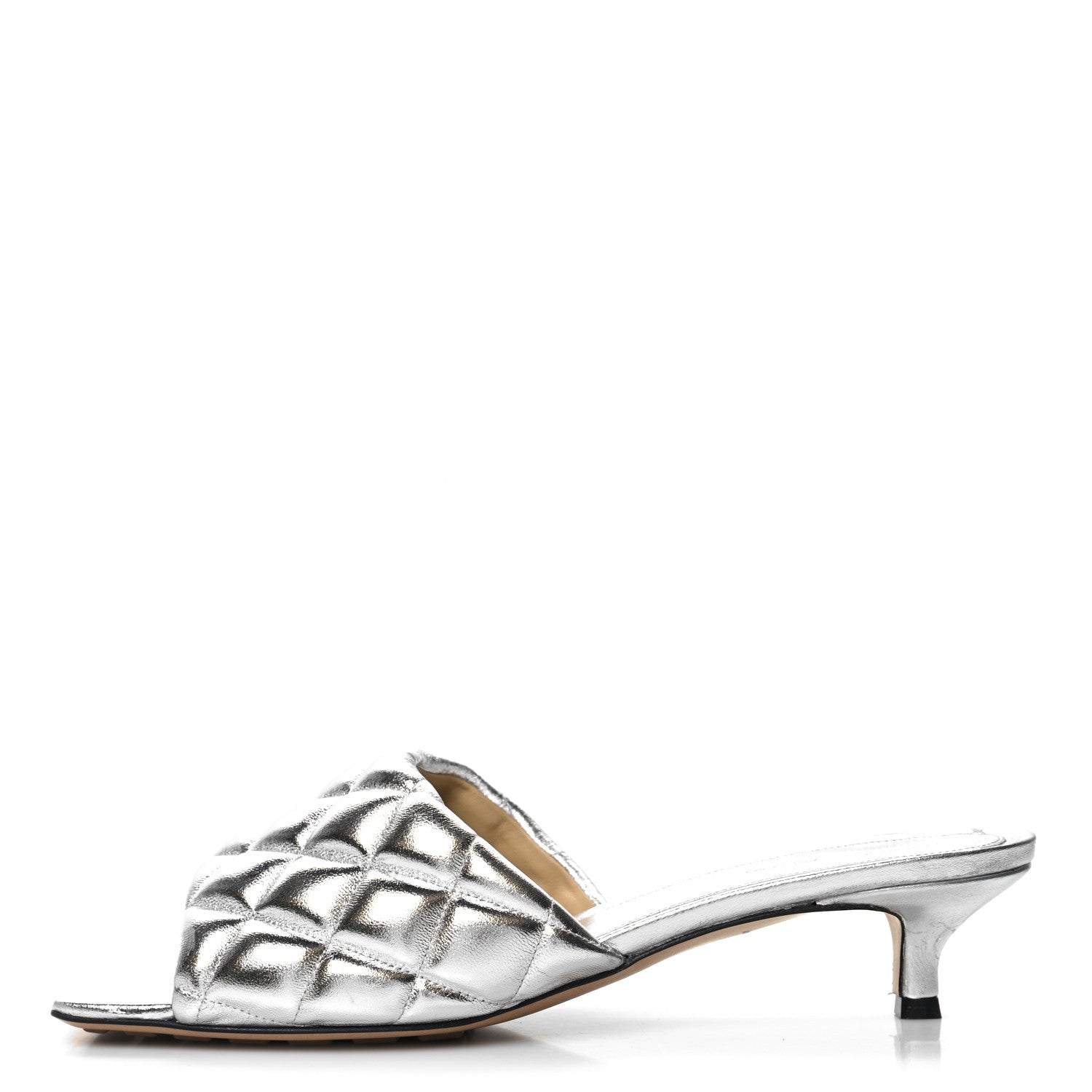 Bottega Veneta Metallic Nappa Reflection Matelasse Padded Kitten Heel Mule Sandals 40 Silver 1 of 8