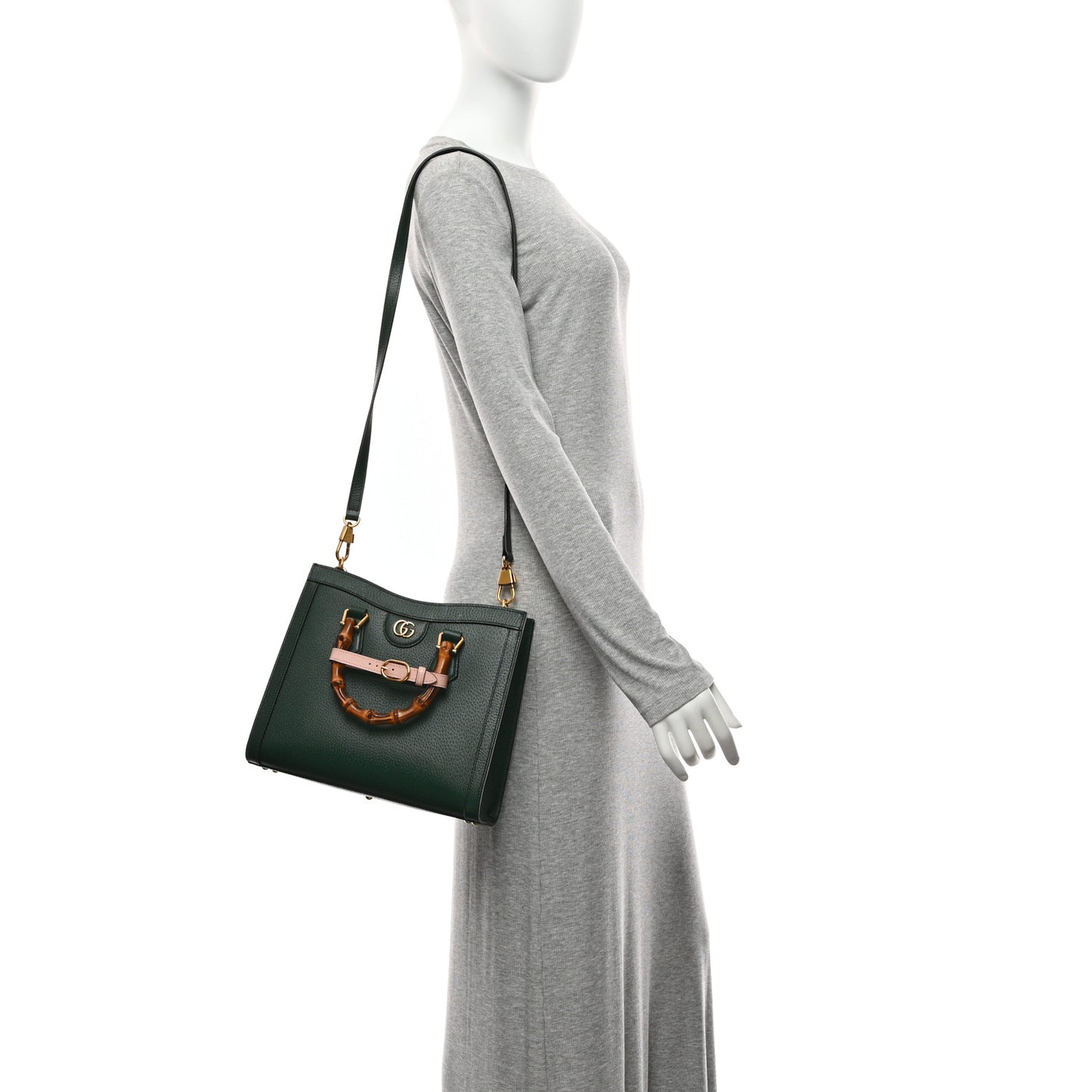 Textured Dollar Calfskin Web Small Diana Tote Bag Vintage Green Powder Pink
