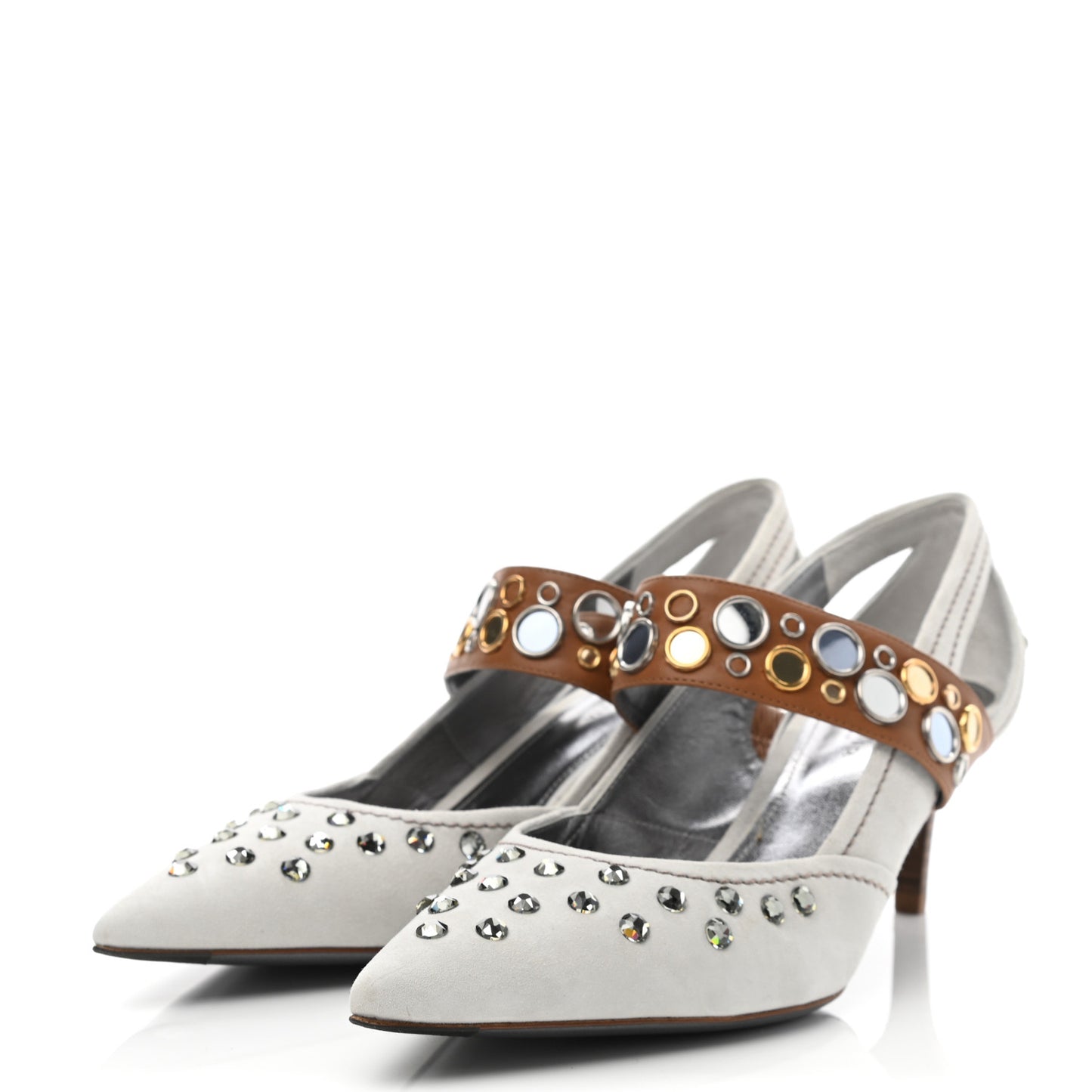 Suede Jeweled Runway Mary Jane Pumps 38.5 Mist Camello