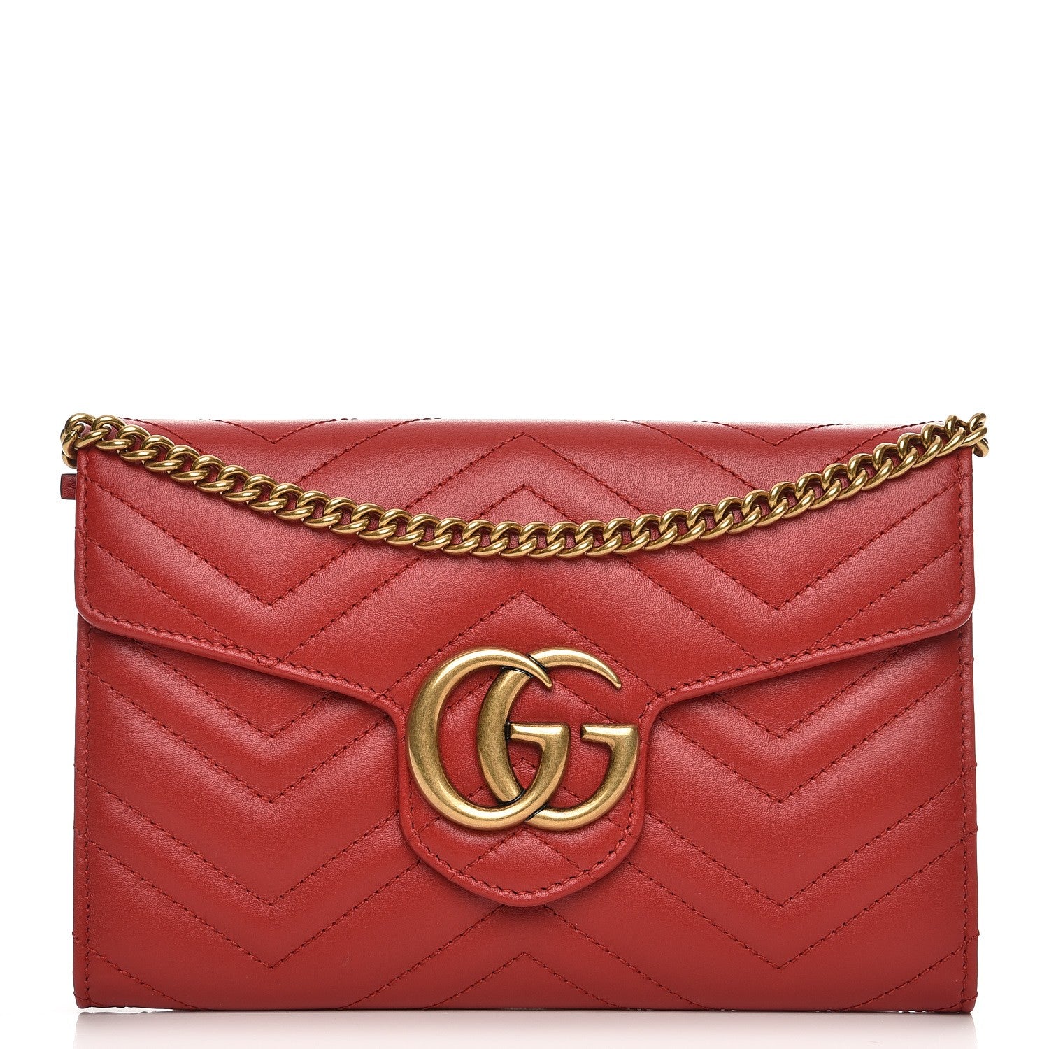 Gucci Calfskin Matelasse Mini GG Marmont Chain Wallet Hibiscus Red 1 of 9