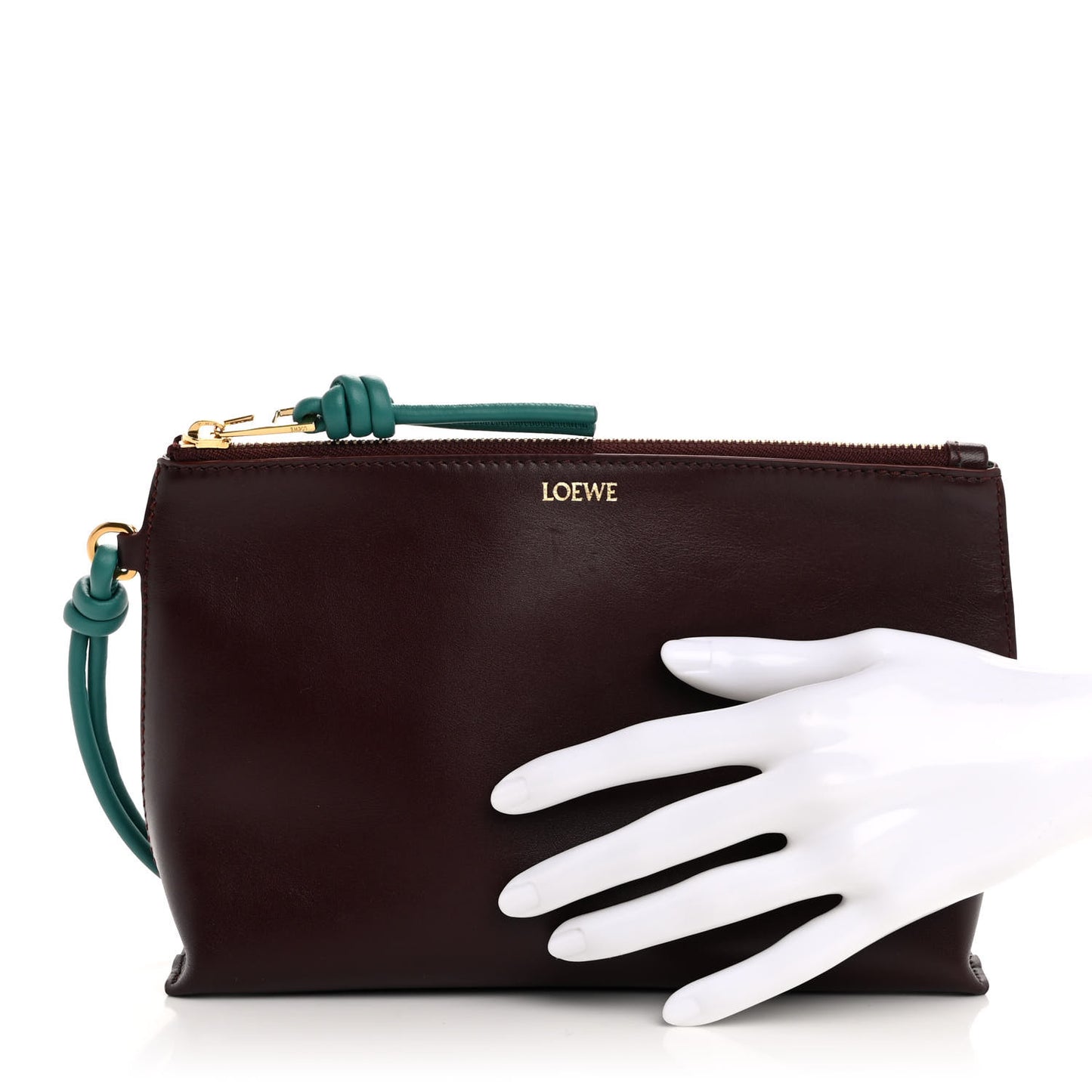 Shiny Nappa Calfskin Knot T Pouch Burgundy Emerald