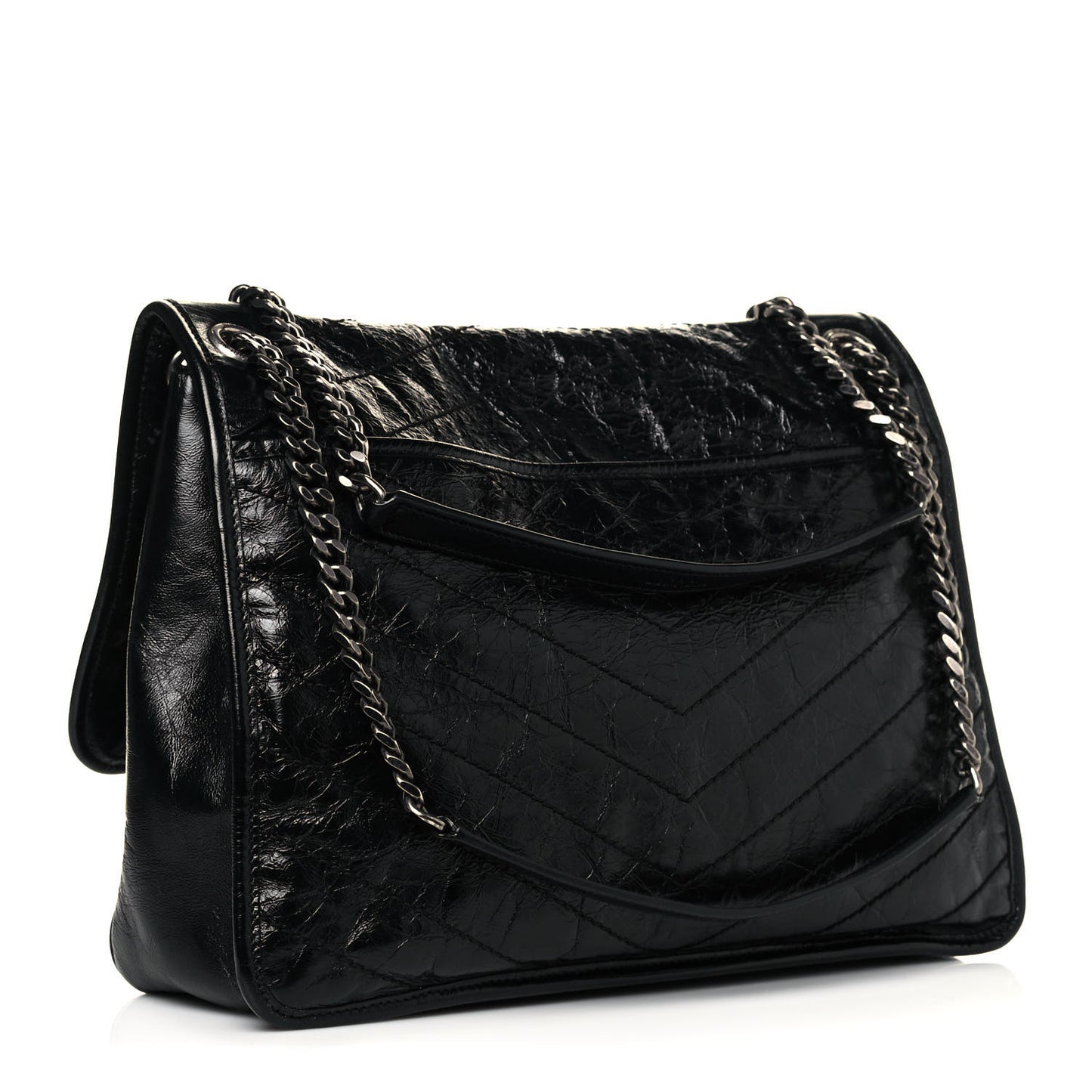 Crinkled Calfskin Matelasse Monogram Large Niki Chain Satchel Black