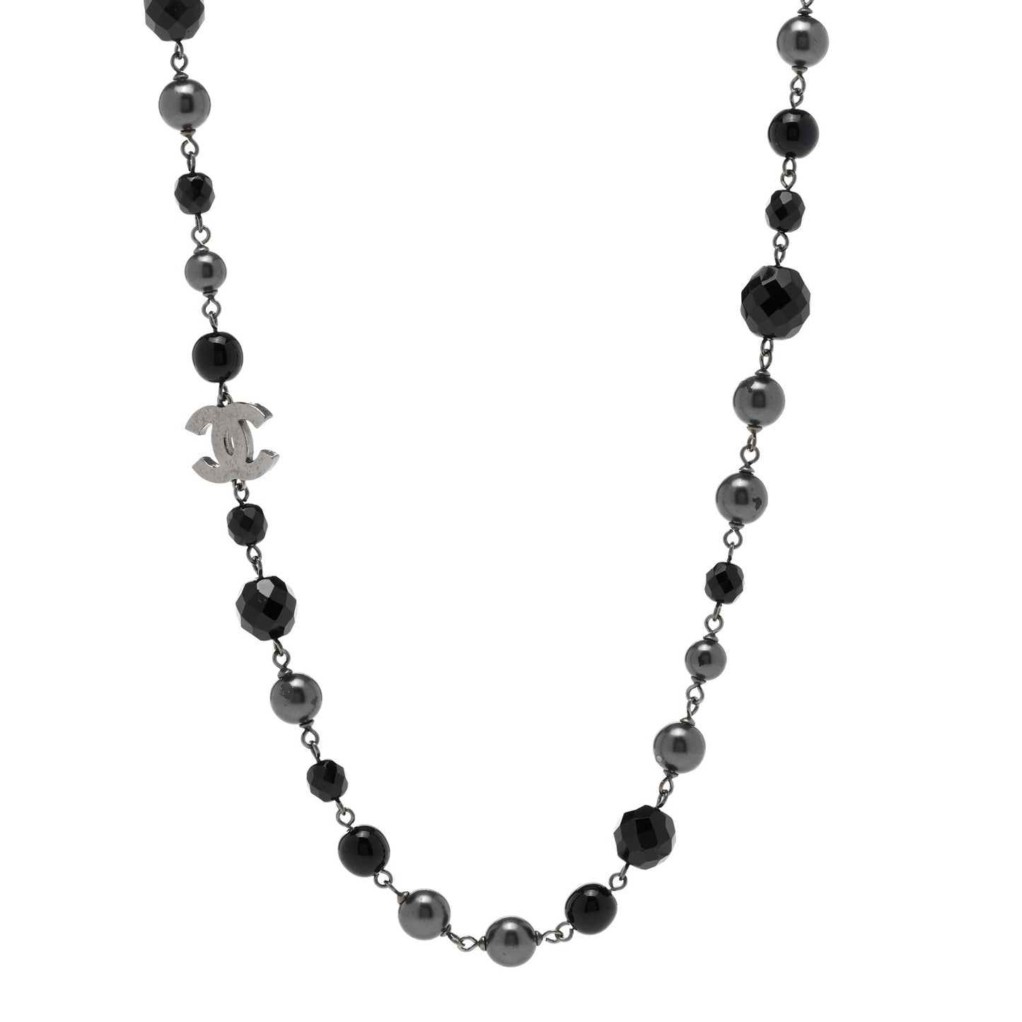 Ruthenium Pearl Beaded CC Long Necklace Black