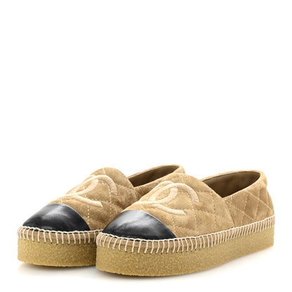 Chanel Suede Quilted CC Platform Espadrilles 37 Beige Black 4 of 9