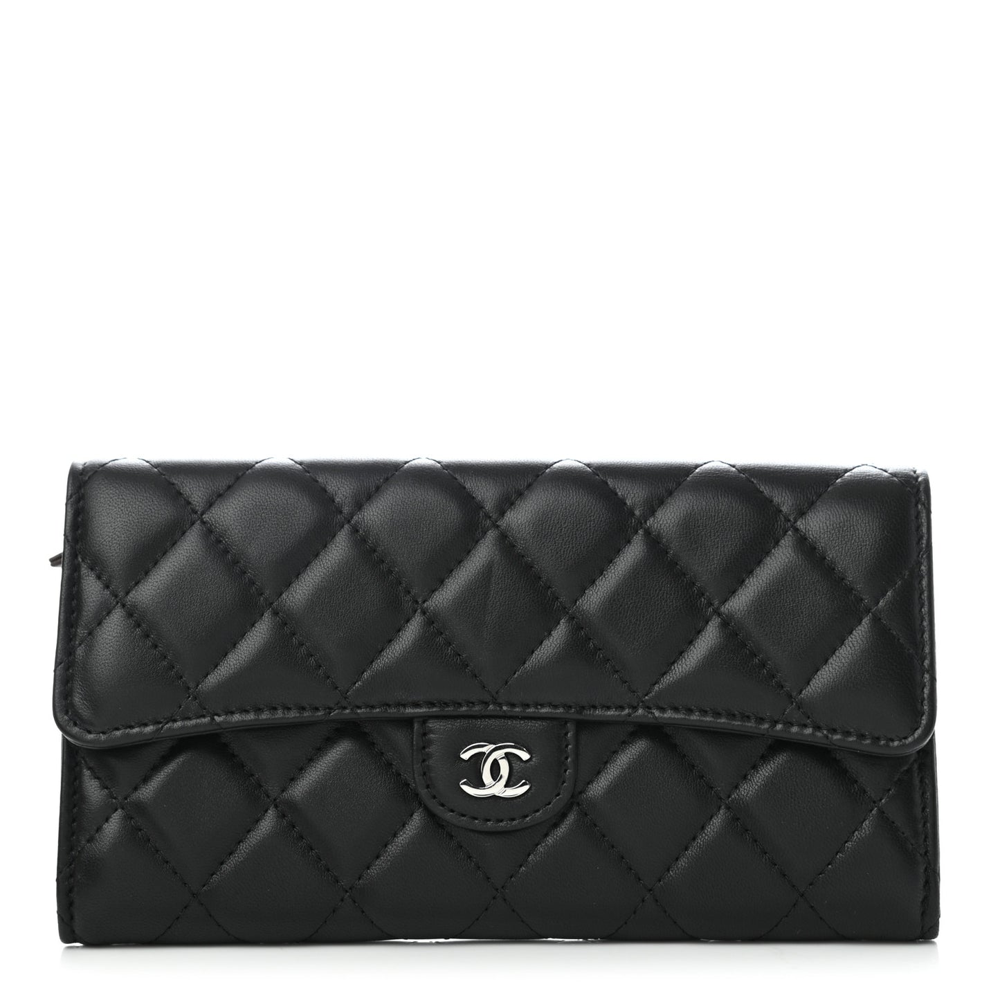 Lambskin Quilted Large Gusset Flap Wallet Black