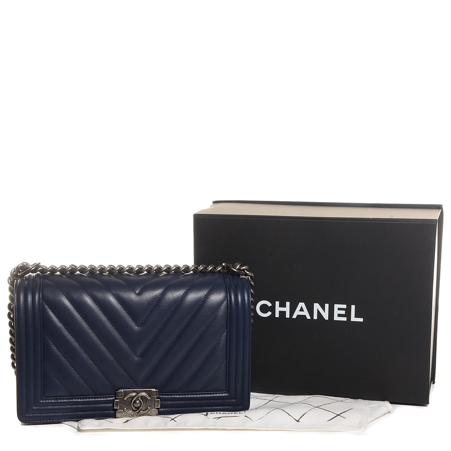 Lambskin Chevron Quilted New Medium Boy Flap Dark Navy Blue