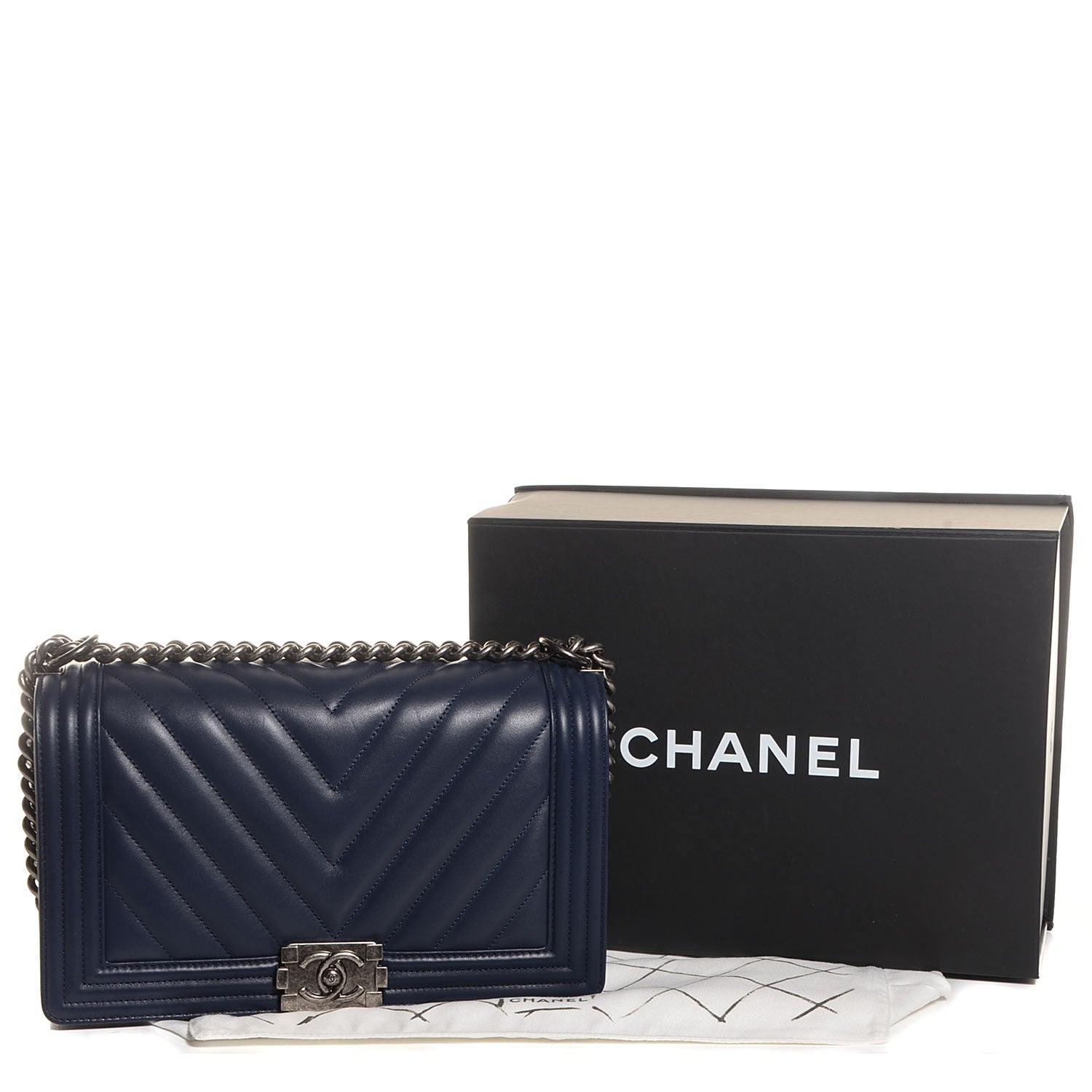 Chanel Lambskin Chevron Quilted New Medium Boy Flap Dark Navy Blue 5 of 9