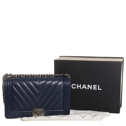 Chanel Lambskin Chevron Quilted New Medium Boy Flap Dark Navy Blue 5 of 9