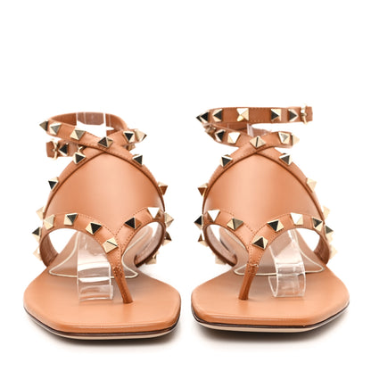 Valentino Garavani Calfskin Rockstud Ankle Wrap Flat Thong Sandals 37 Brown 3 of 9