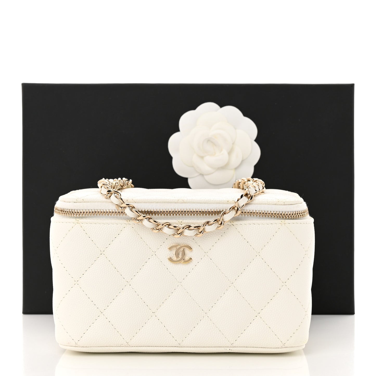 Caviar Quilted Small Vanity Case With Chain White
