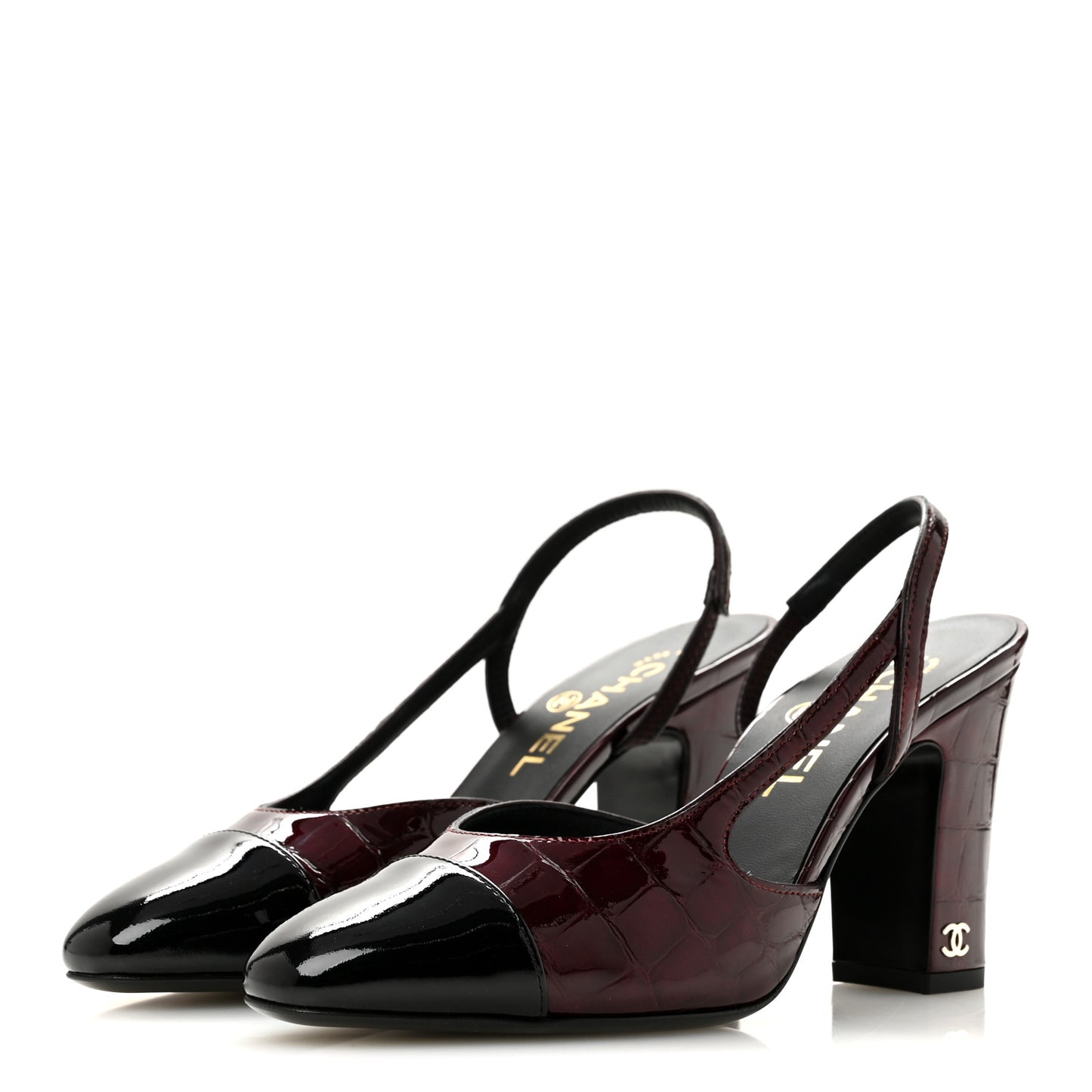 Patent Calfskin Crocodile Embossed Cap Toe CC Slingback Pumps 36.5 Dark Burgundy Black