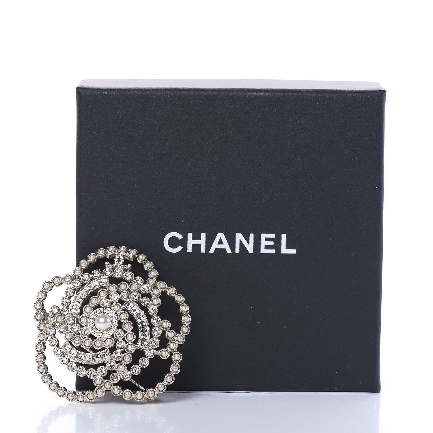Chanel Pearl Crystal Lace Camellia Brooch Gold 5 of 5