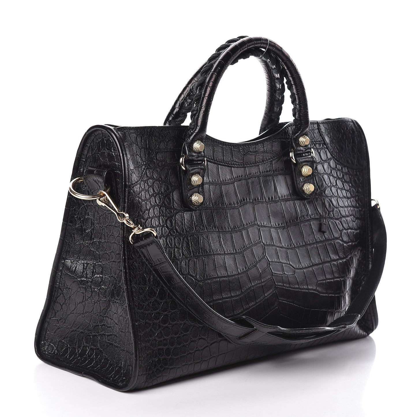 Calfskin Crocodile Embossed Giant 12 Gold Hardware City Black