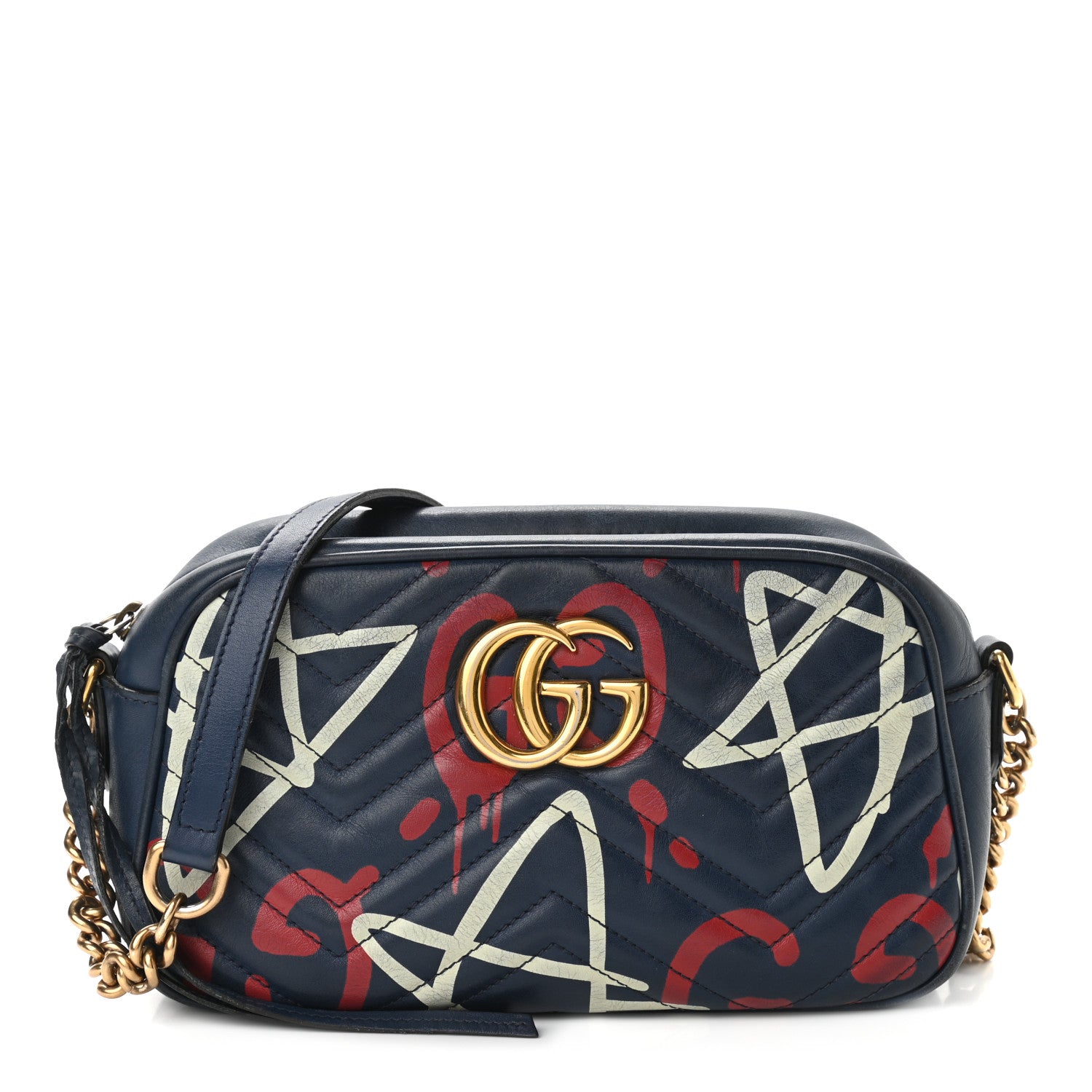 Gucci Calfskin Matelasse GucciGhost Small GG Marmont Chain Shoulder Bag Blue Agata Hibiscus Red 1 of 21