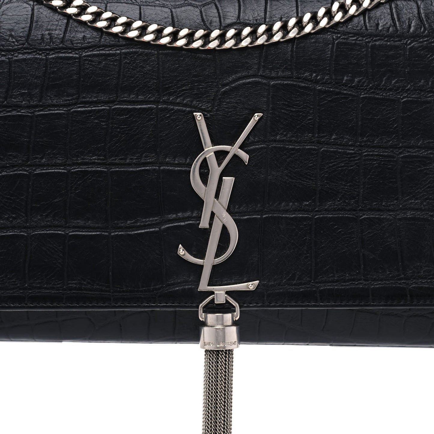 Calfskin Crocodile Embossed Medium Classic Monogram Kate Tassel Satchel Black