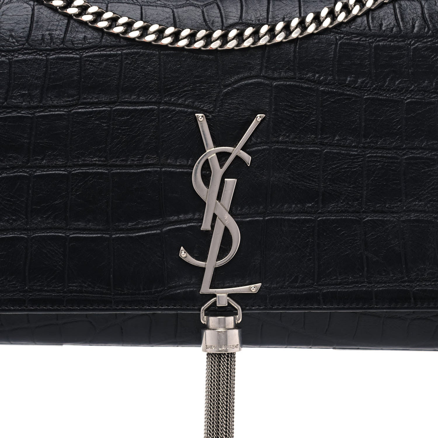Saint Laurent Calfskin Crocodile Embossed Medium Classic Monogram Kate Tassel Satchel Black 5 of 12