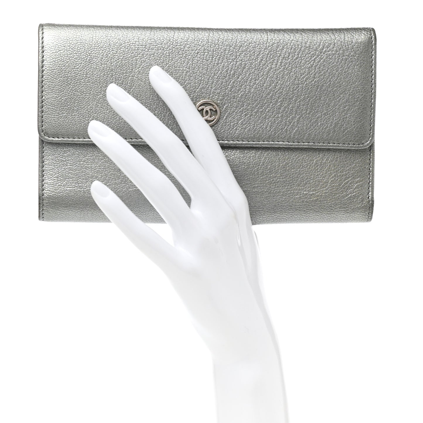 Metallic Goatskin Large Flap Wallet Silver