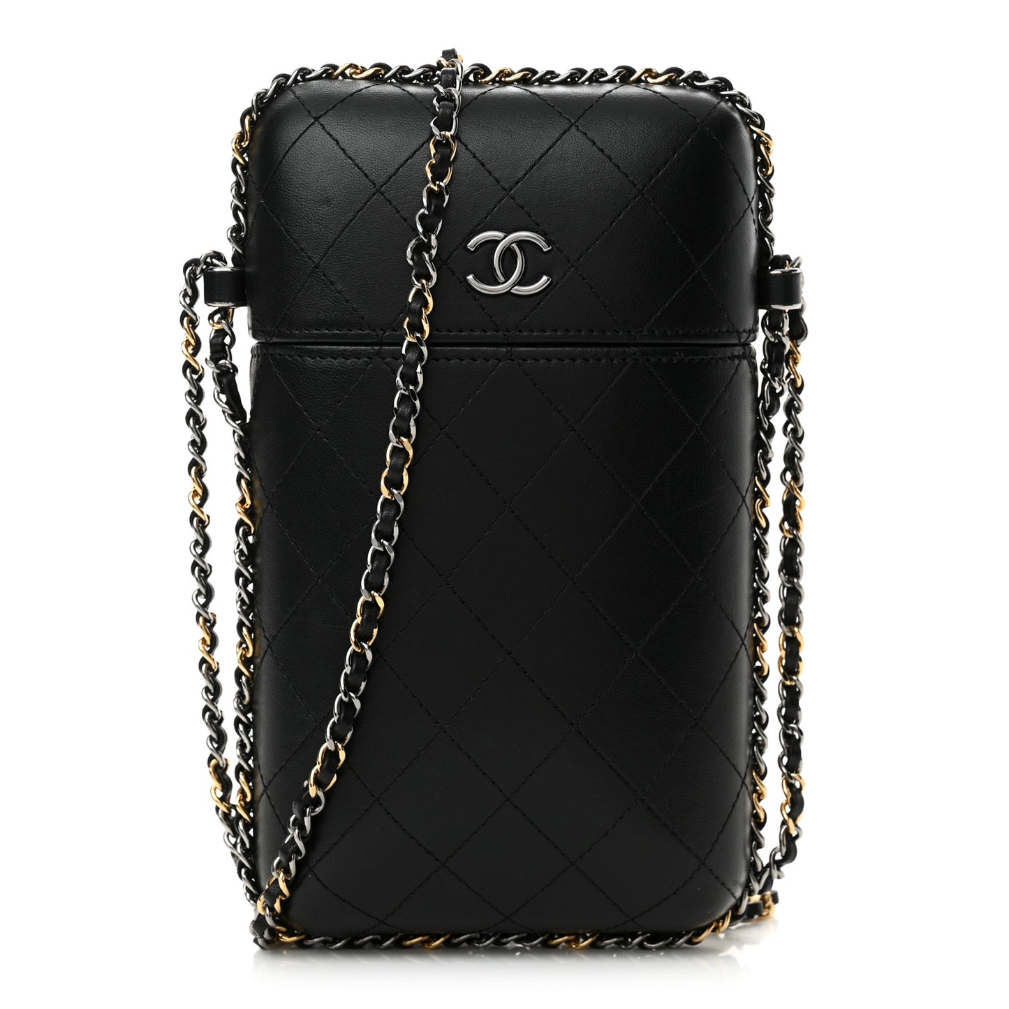 Lambskin Quilted Chain Around Phone Holder Black