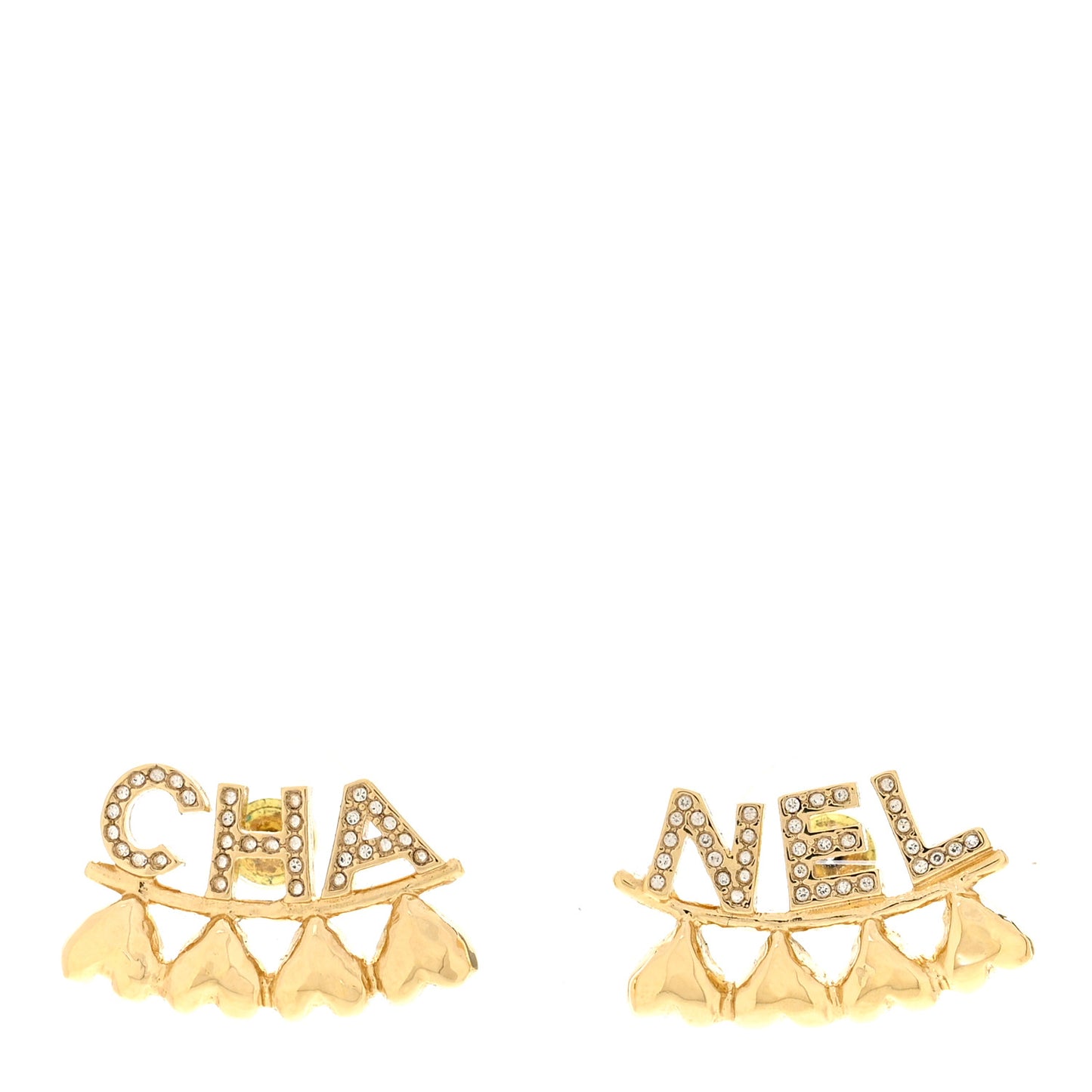Crystal Heart Cha-Nel Logo Earrings Gold