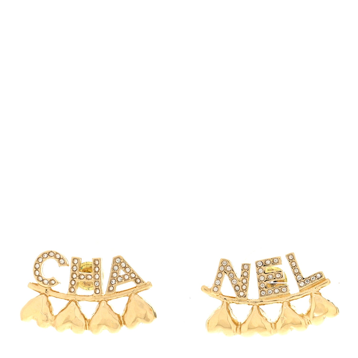 Chanel Crystal Heart Cha-Nel Logo Earrings Gold 1 of 5