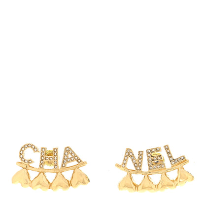 Chanel Crystal Heart Cha-Nel Logo Earrings Gold 1 of 5