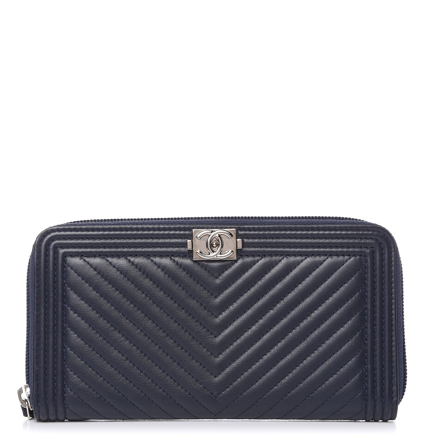 Chanel Lambskin Chevron Zip Around Boy Wallet Blue 1 of 9