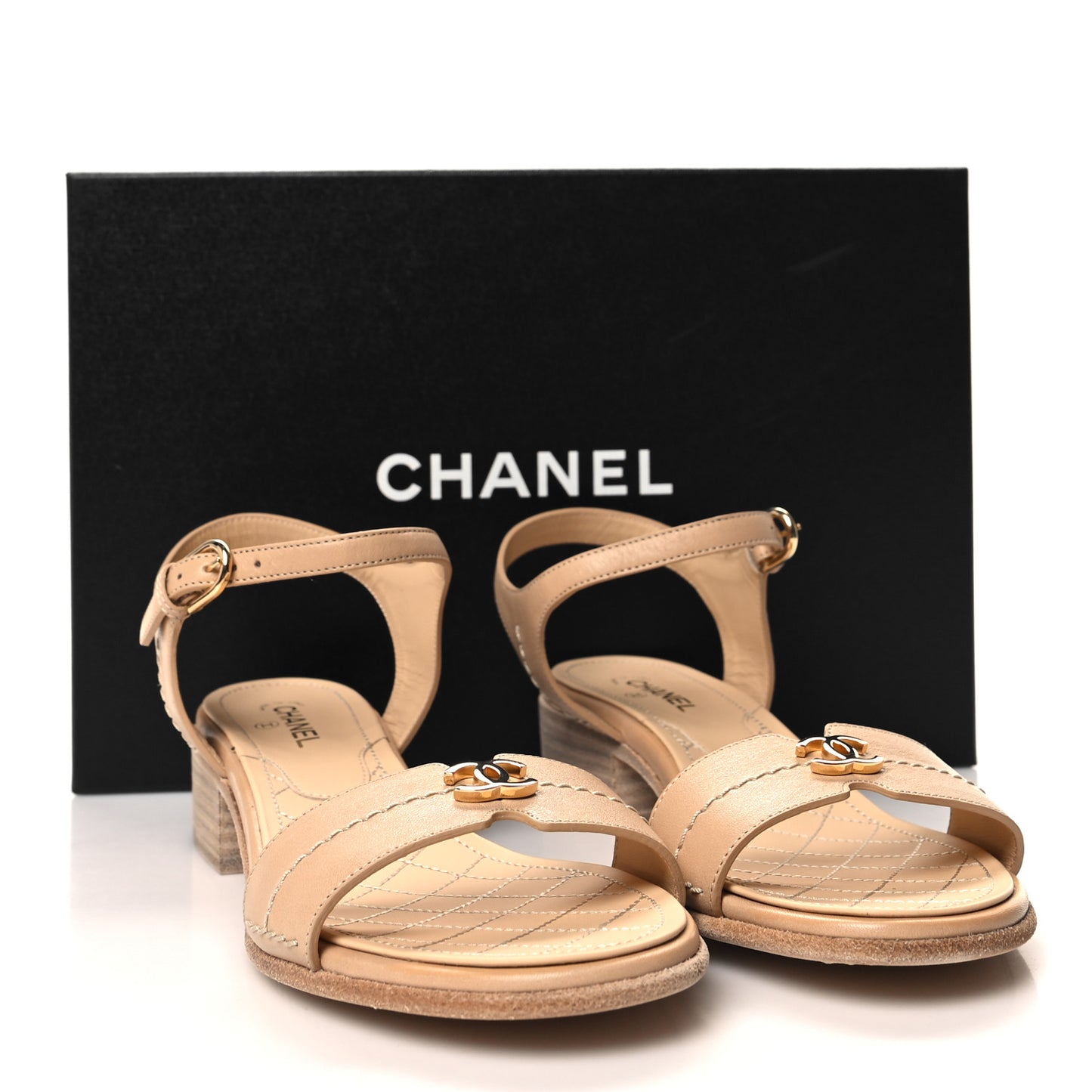 Calfskin CC Ankle Strap Sandals 37.5 Beige