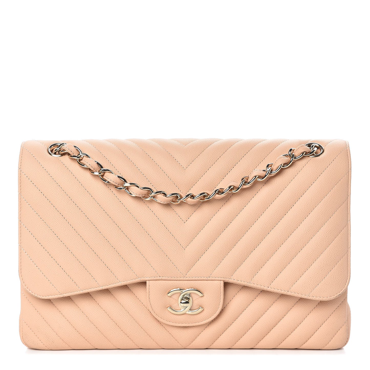 Caviar Chevron Quilted Jumbo Double Flap Beige