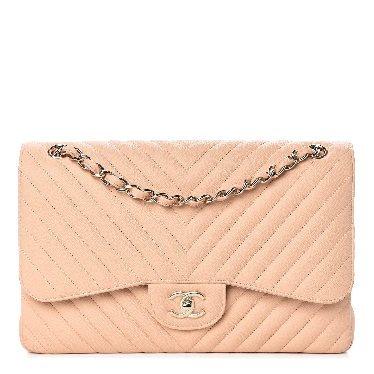 Chanel Caviar Chevron Quilted Jumbo Double Flap Beige 1 of 13
