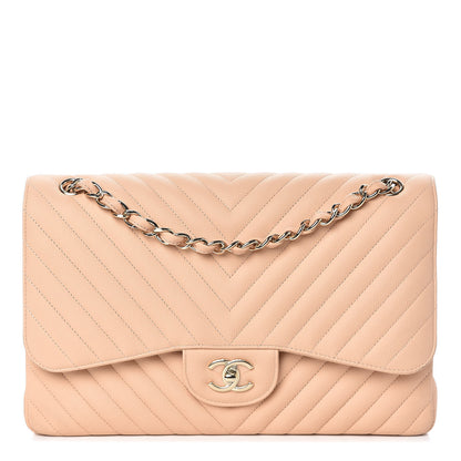 Chanel Caviar Chevron Quilted Jumbo Double Flap Beige 1 of 13