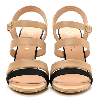 Chanel Lambskin Grosgrain Pearl Sandals 37.5 Beige Black 2 of 11
