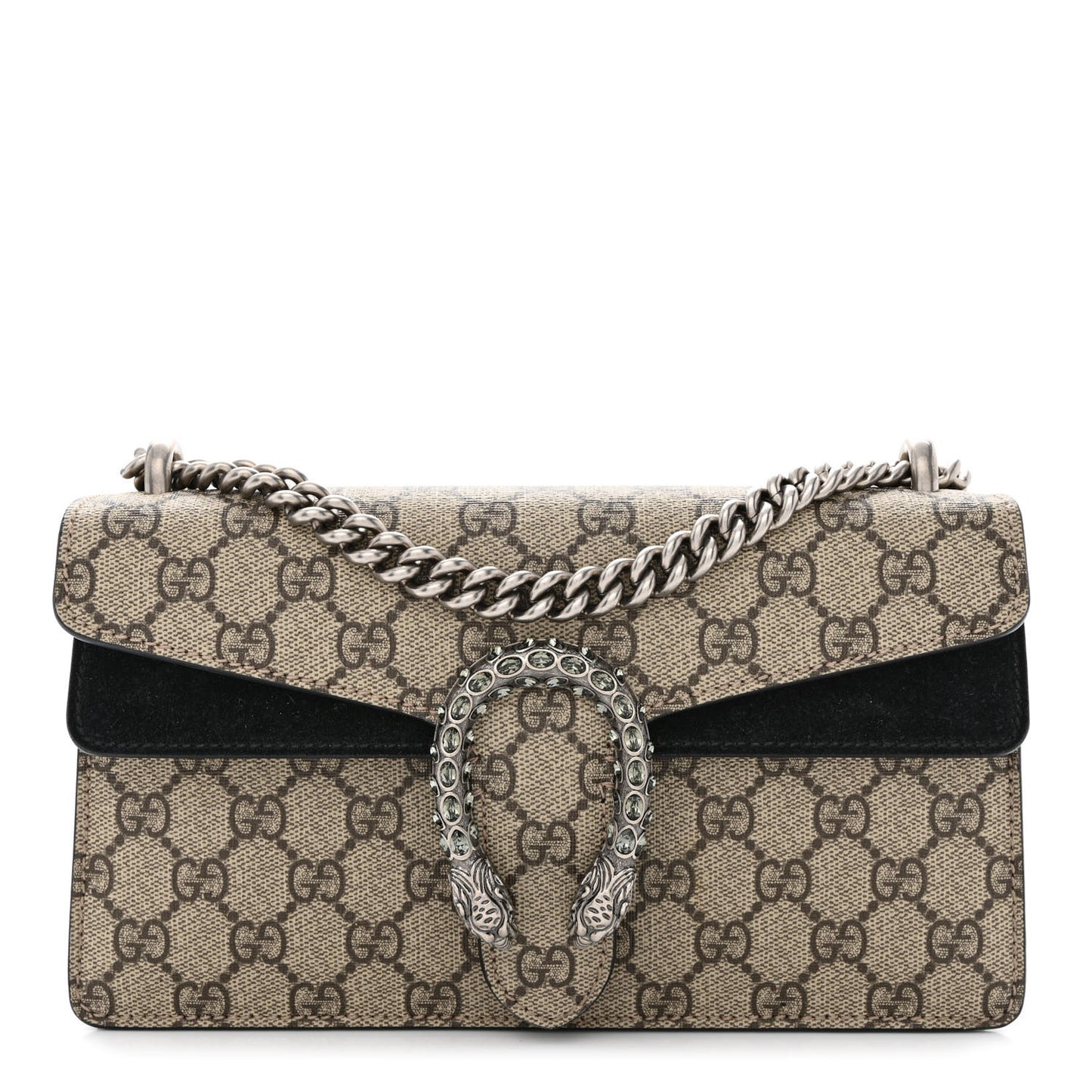 GG Supreme Monogram Suede Crystal Small Dionysus Shoulder Bag Beige Ebony Black