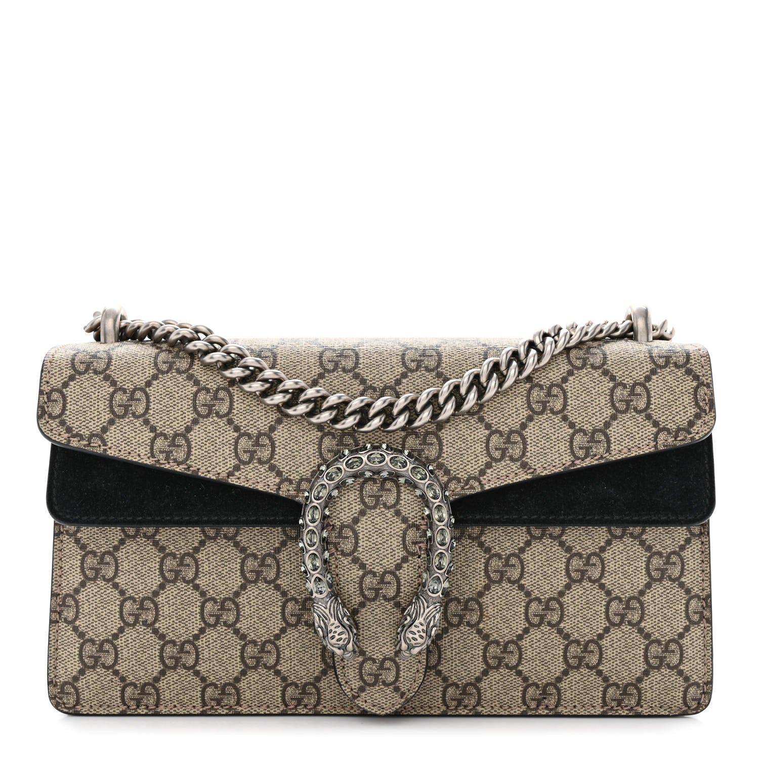 Gucci GG Supreme Monogram Suede Crystal Small Dionysus Shoulder Bag Beige Ebony Black 1 of 12