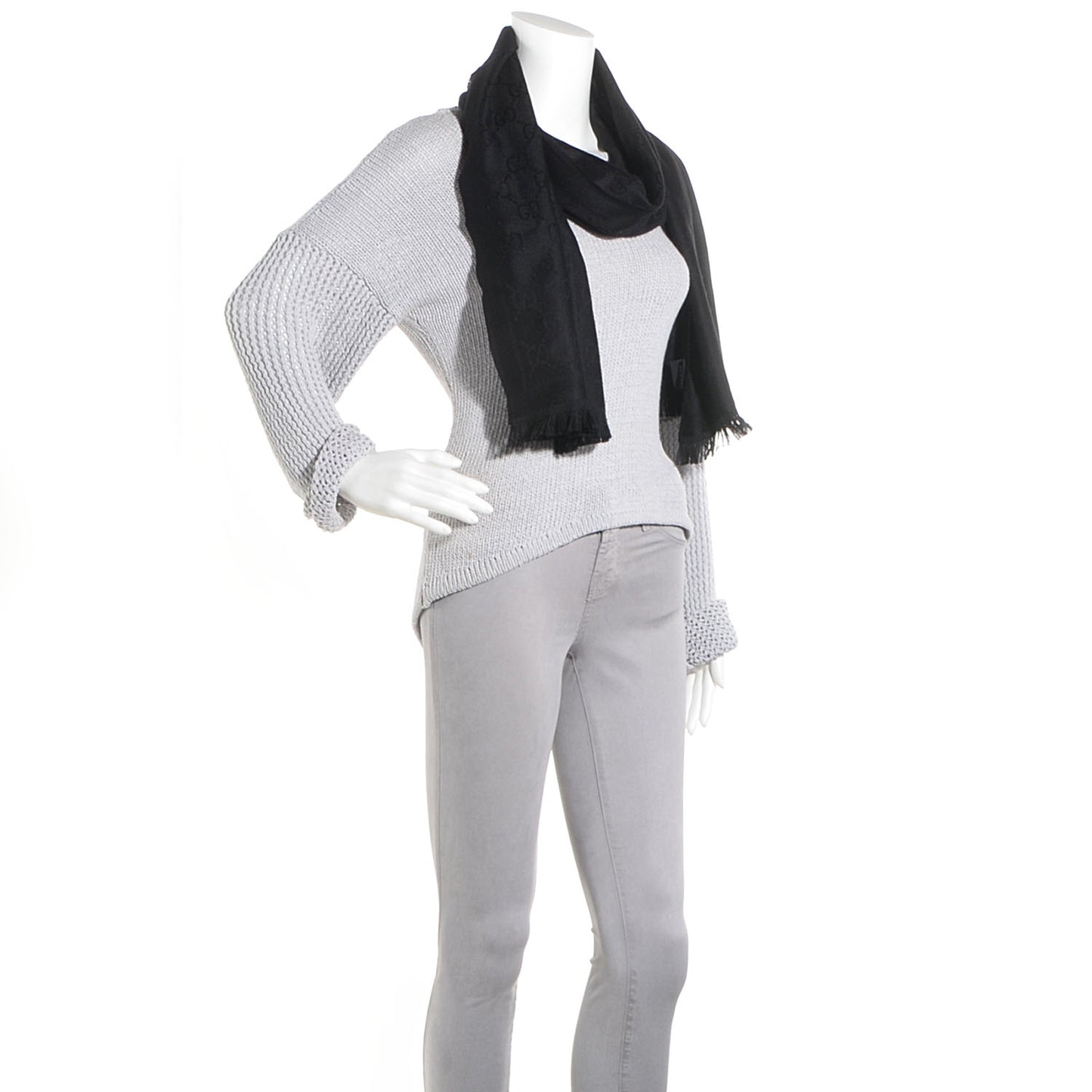Wool GG Jacquard Pattern Knit Scarf Black