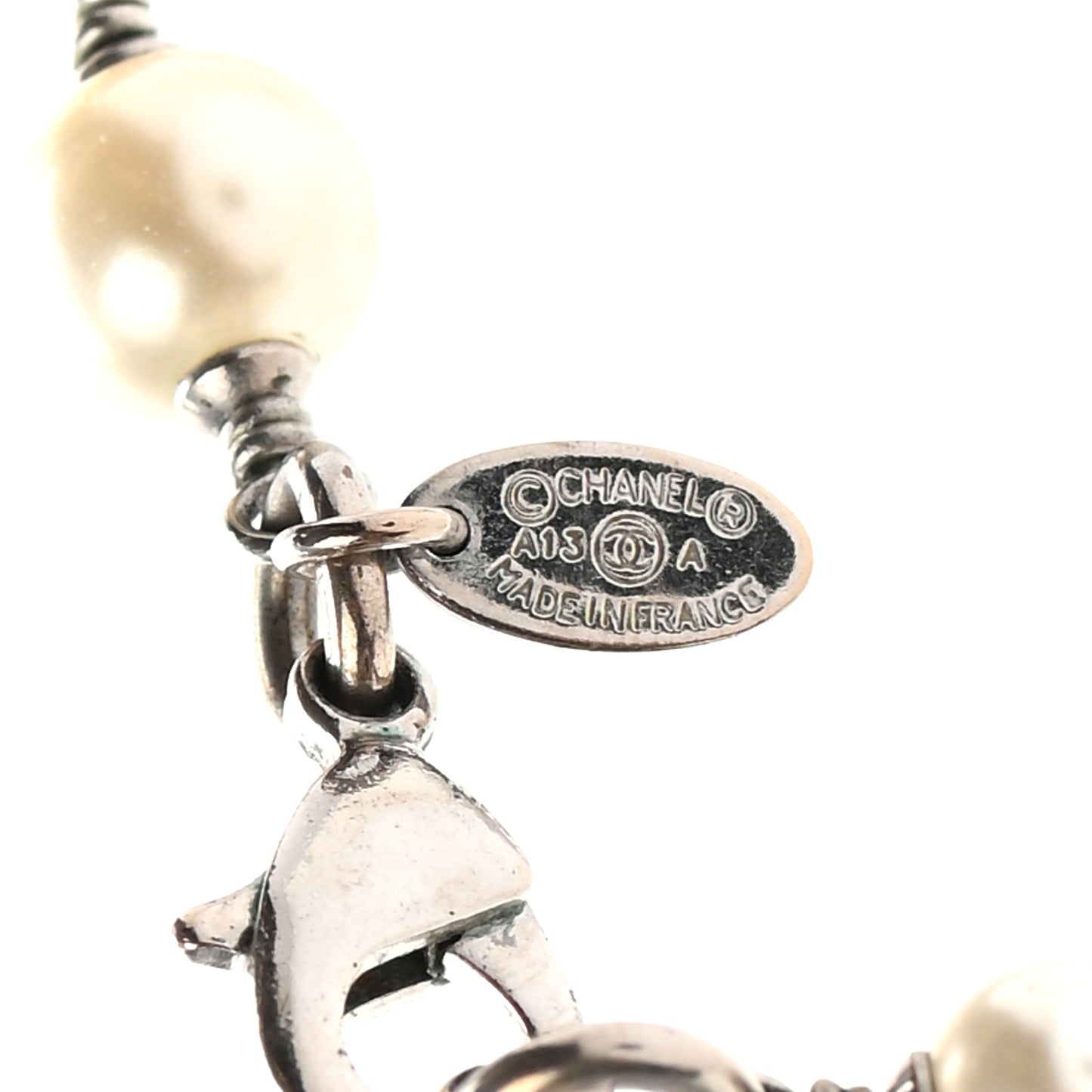 Crystal Pearl CC Long Necklace Silver