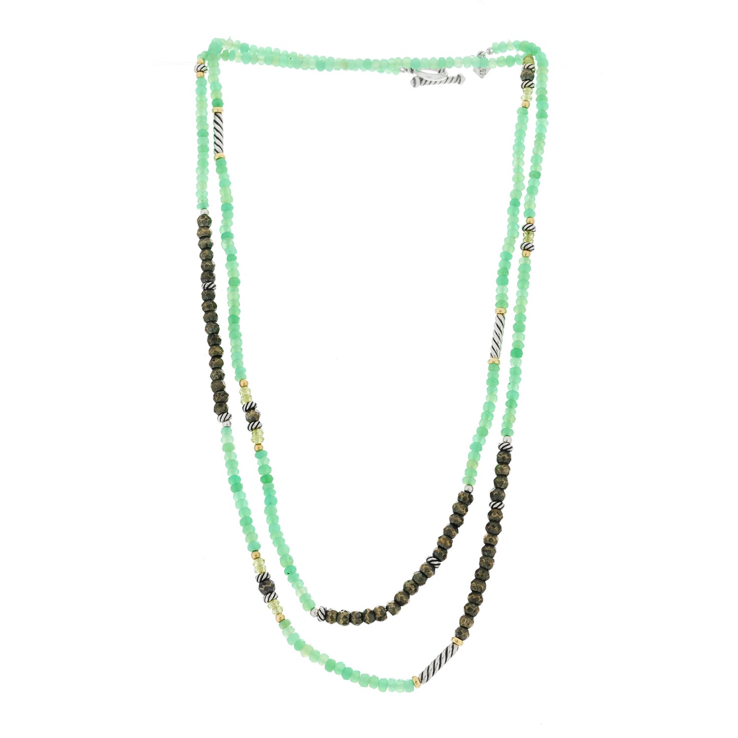 Sterling Silver 18K Yellow Gold Chrysoprase Peridot Pyrite Bead Necklace