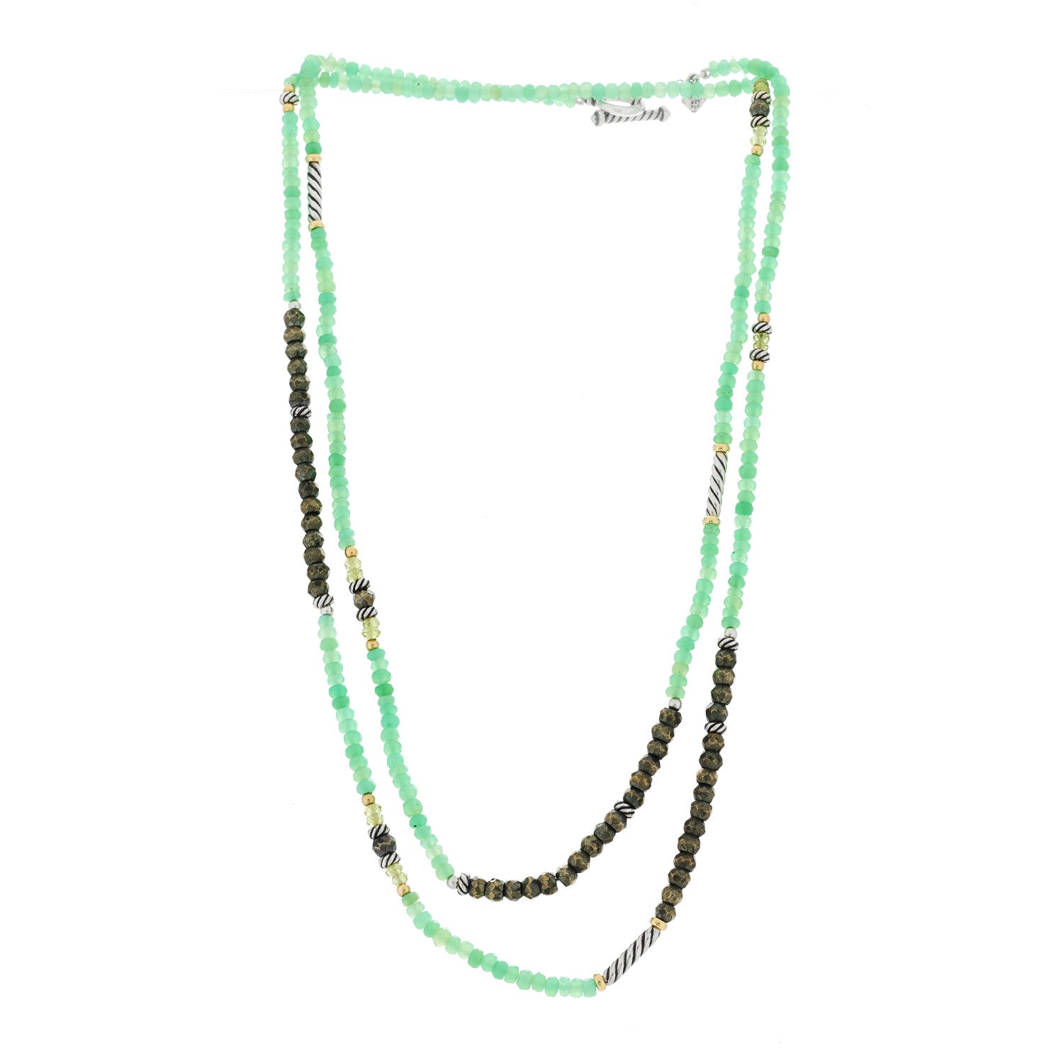 David Yurman Sterling Silver 18K Yellow Gold Chrysoprase Peridot Pyrite Bead Necklace 3 of 5