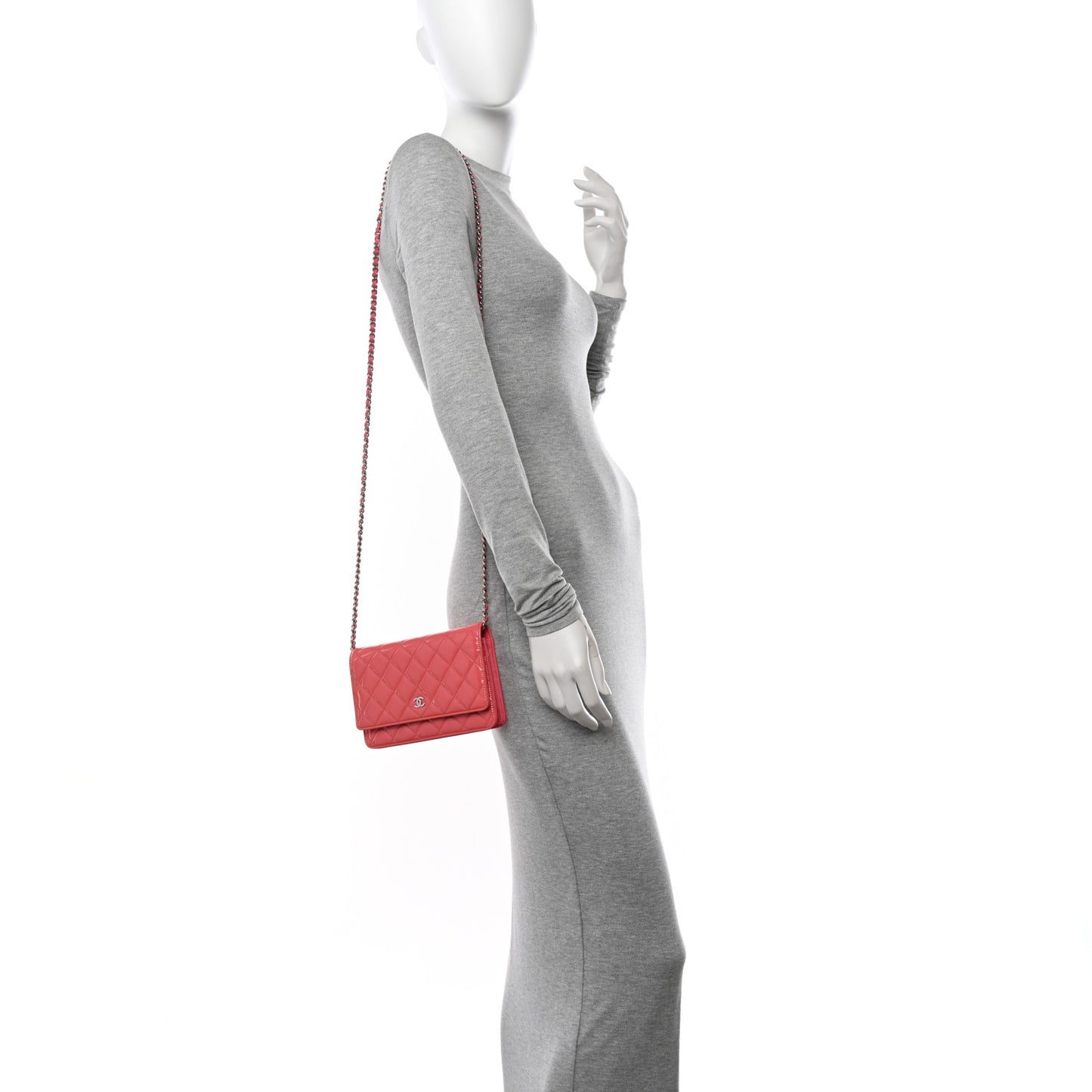 Patent Calfskin Quilted Wallet On Chain WOC Pink