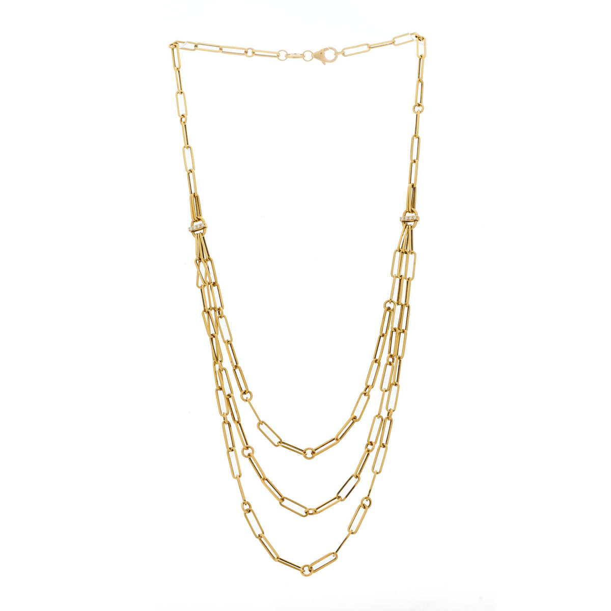 18K Yellow Gold Diamond Paperclip Triple Strand Bib Necklace