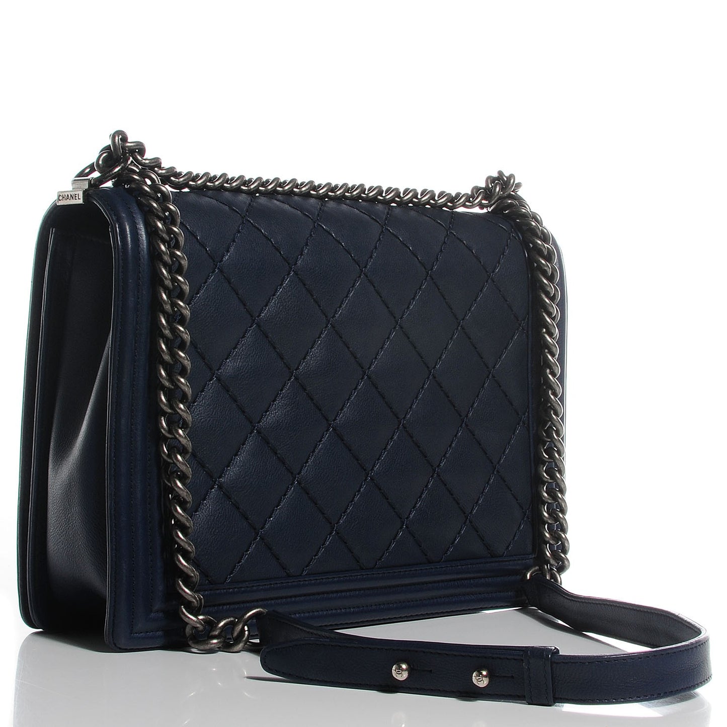 Calfskin Quilted Large Boy Flap Navy